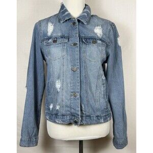 CISONO Women's L Distressed Denim Jean Jacket Light Wash Blue Trucker Style Coat